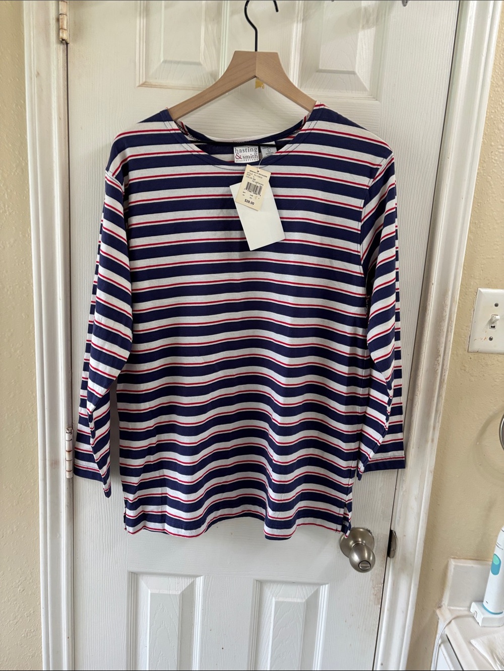 hasting & smith Navy, White & Red Striped Long Sleeve Tee